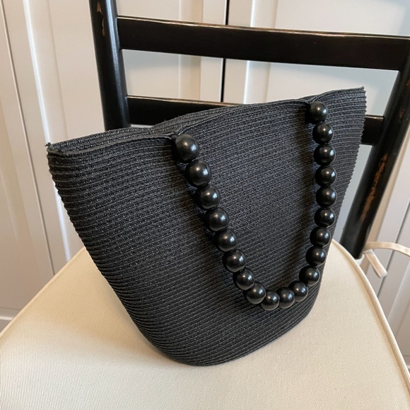 Talbots Black Straw Bag with Beaded Handles NWOT - Picture 3 of 6
